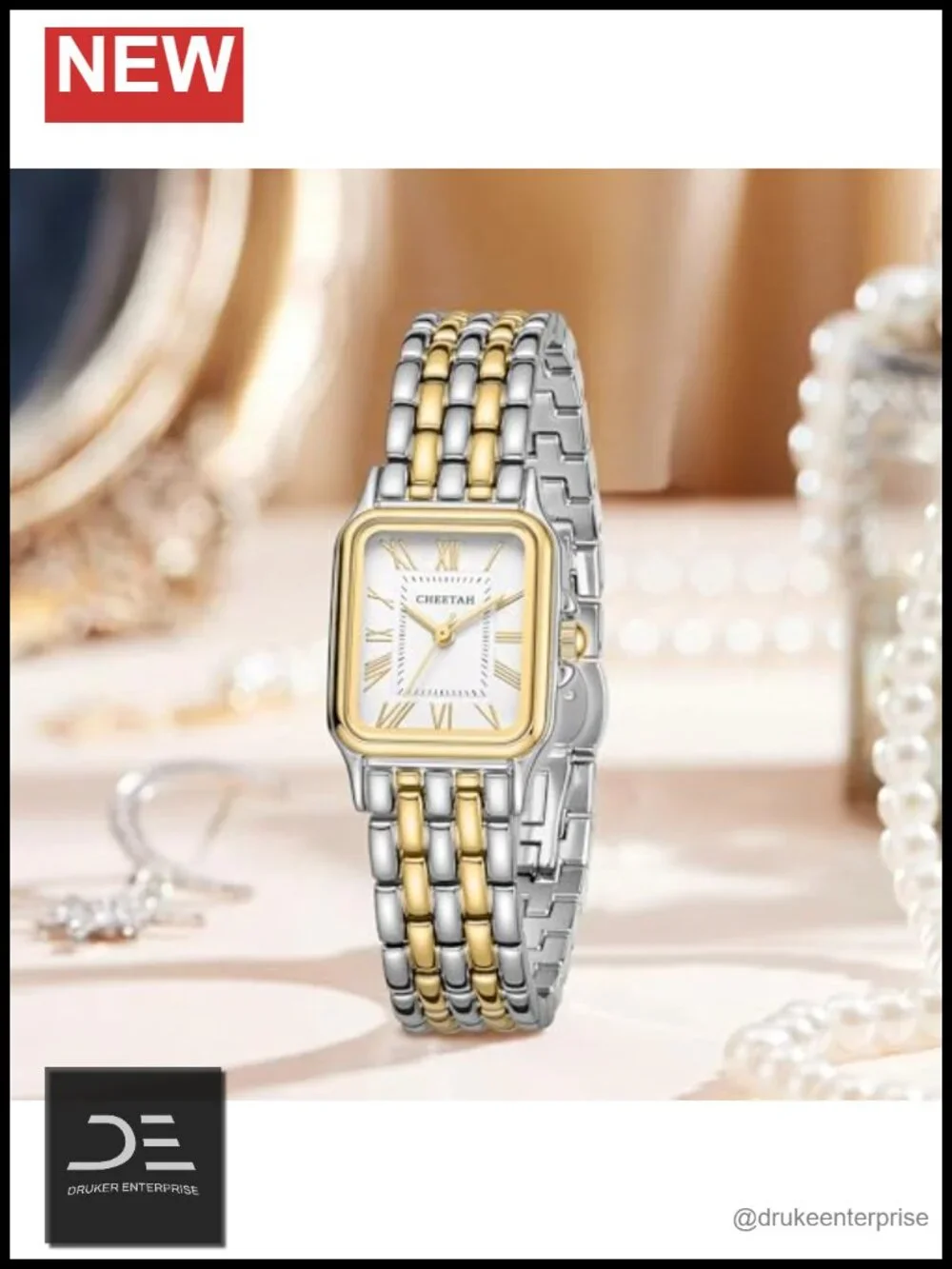 Vintage Rectangular Case Wrist Watch with Roman Numerals, Stainless Steel Band